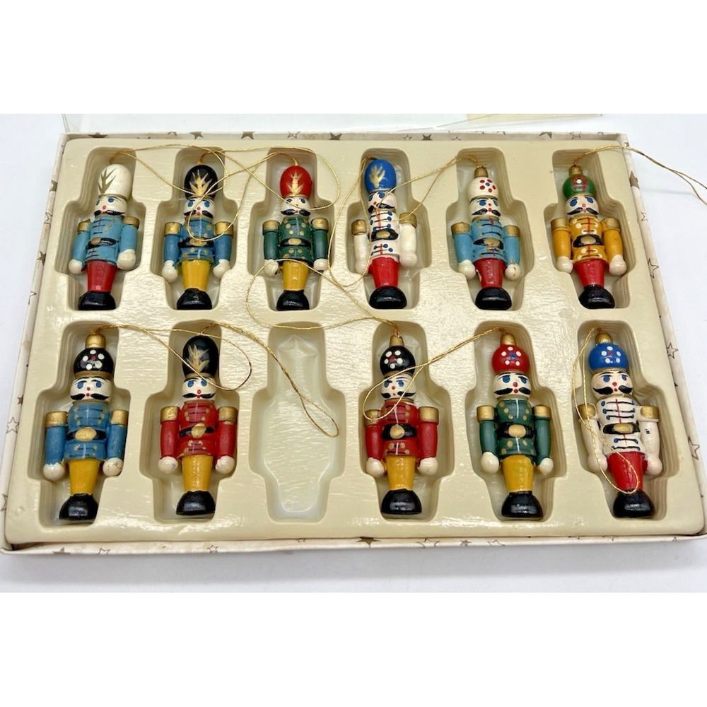 Vintage Mini Nutcracker Christmas Ornaments Painted Wood Small Set Lot 11 Pcs